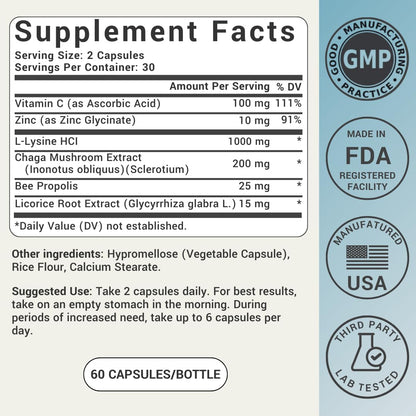 L-Lysine Cold Sore Treatment For Lips With Immune Support - L Lysine 1000mg Capsules, Chaga, Bee Propolis, Vitamin C, Zinc & Licorice Root Extract - Non-GMO, Vegetarian, - PrimeBioHealth - canada supplements