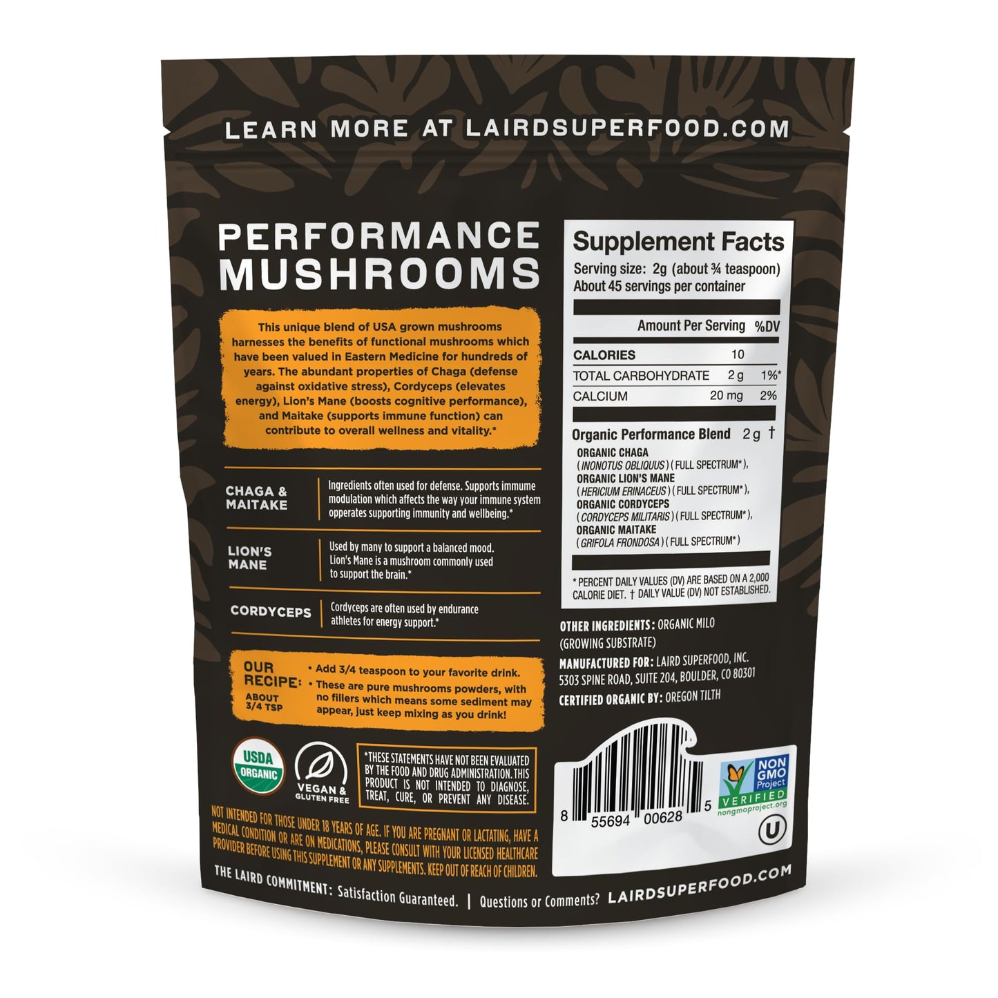 Laird Superfood Organic Performance Mushroom Blend with Chaga, Cordyceps, Lion's Mane and Maitake for Energy - PrimeBioHealth - canada supplements