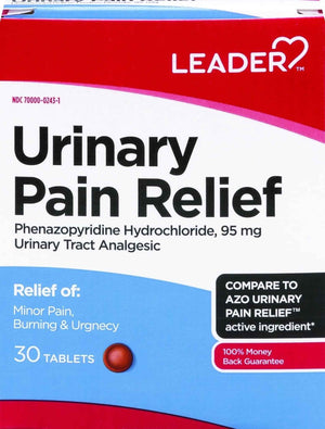 Leader Urinary Pain Relief Maximum Strength, Urinary Tract Analgesic, Relieves Burning and Urgency, Phenazopyridine Hydrochloride 95 mg, for Adults, Both Men & Women, 30 Tablets