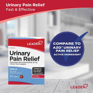 Leader Urinary Pain Relief Maximum Strength, Urinary Tract Analgesic, Relieves Burning and Urgency, Phenazopyridine Hydrochloride 95 mg, for Adults, Both Men & Women, 30 Tablets