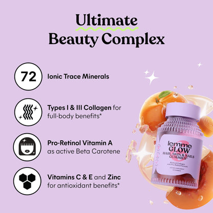Lemme Glow Collagen Gummies for Thick Hair, Strong Nails & Healthy Skin with Multi-Collagen Peptides, Biotin, Trace Minerals, Zinc, Vitamins A, C & E - PrimeBioHealth - canada supplements