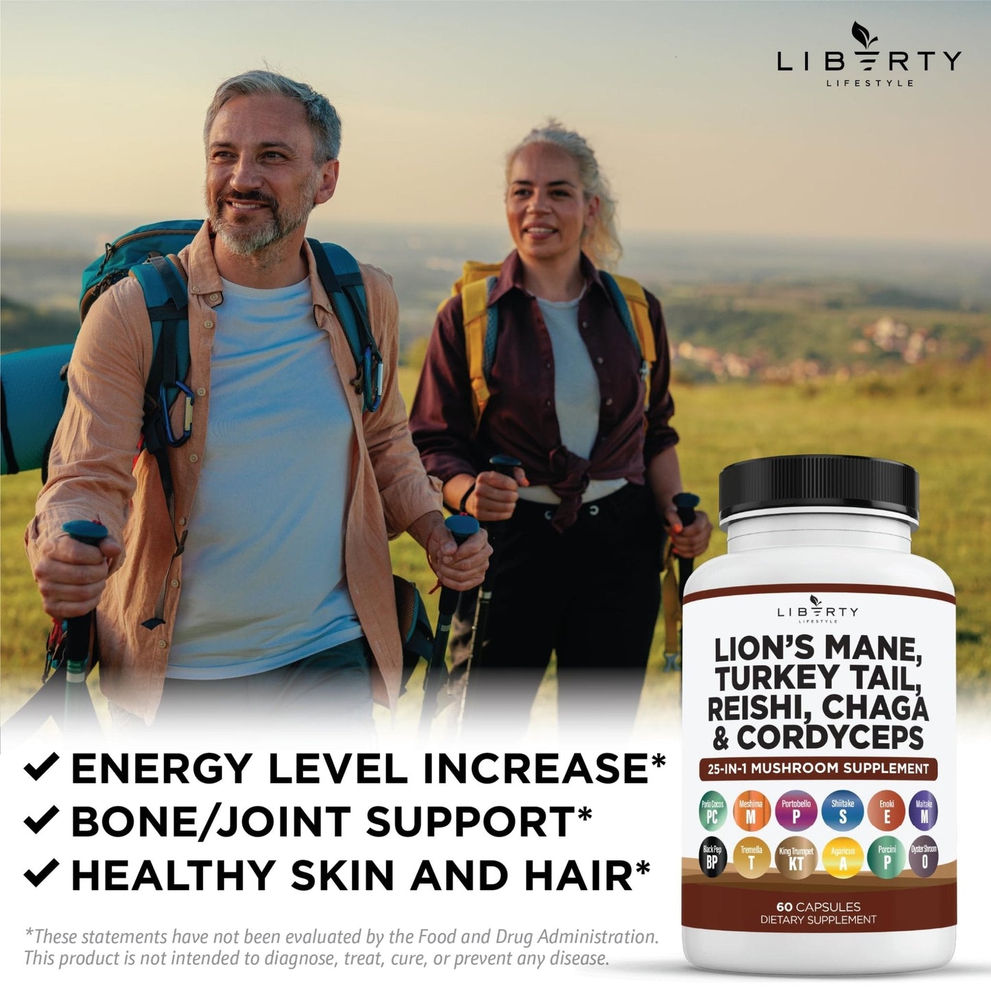 Liberty Lifestyle Lions Mane Mushroom Supplement with Turkey Tail Reishi Cordyceps Chaga with Marshmallow Root - 2-Pack - PrimeBioHealth - canada supplements