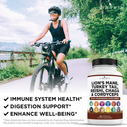 Liberty Lifestyle Lions Mane Mushroom Supplement with Turkey Tail Reishi Cordyceps Chaga with Marshmallow Root - 2-Pack - PrimeBioHealth - canada supplements