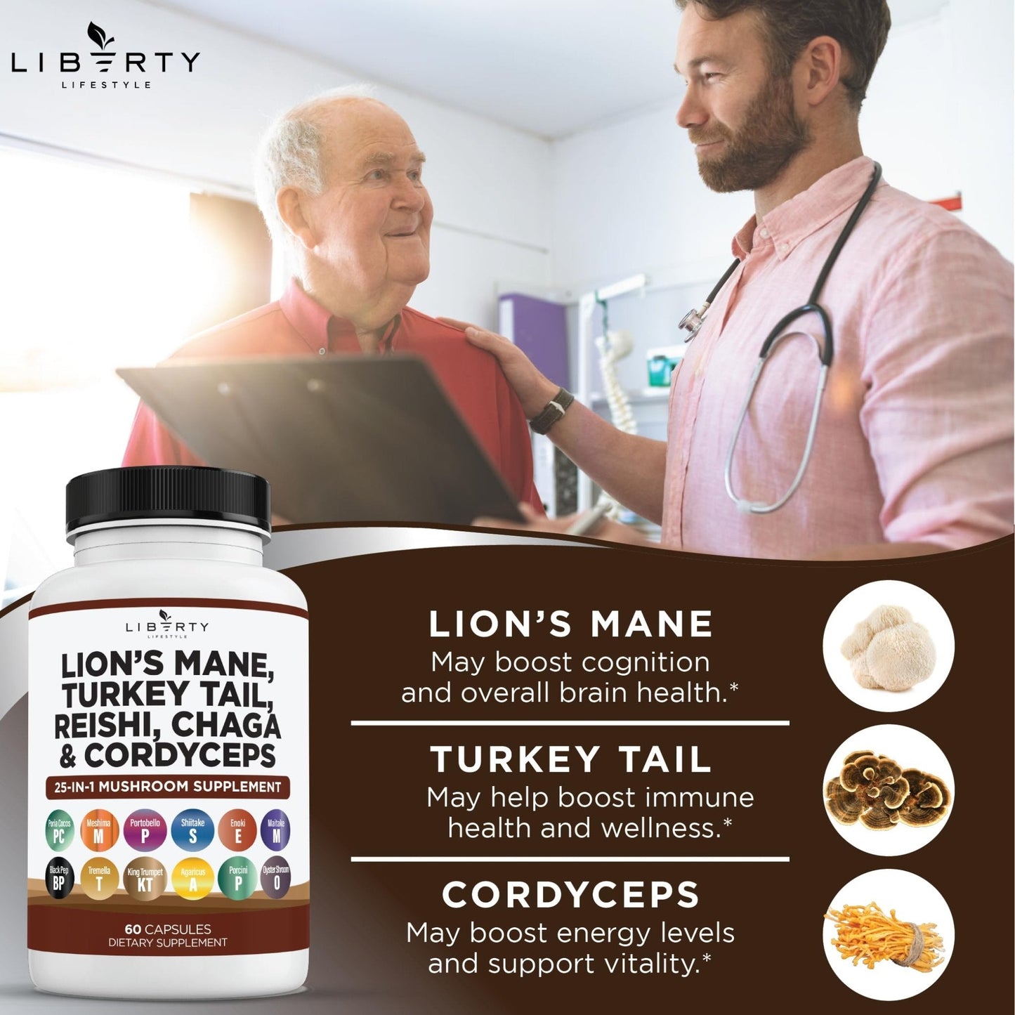 Liberty Lifestyle Lions Mane Mushroom Supplement with Turkey Tail Reishi Cordyceps Chaga with Marshmallow Root - 2-Pack - PrimeBioHealth - canada supplements