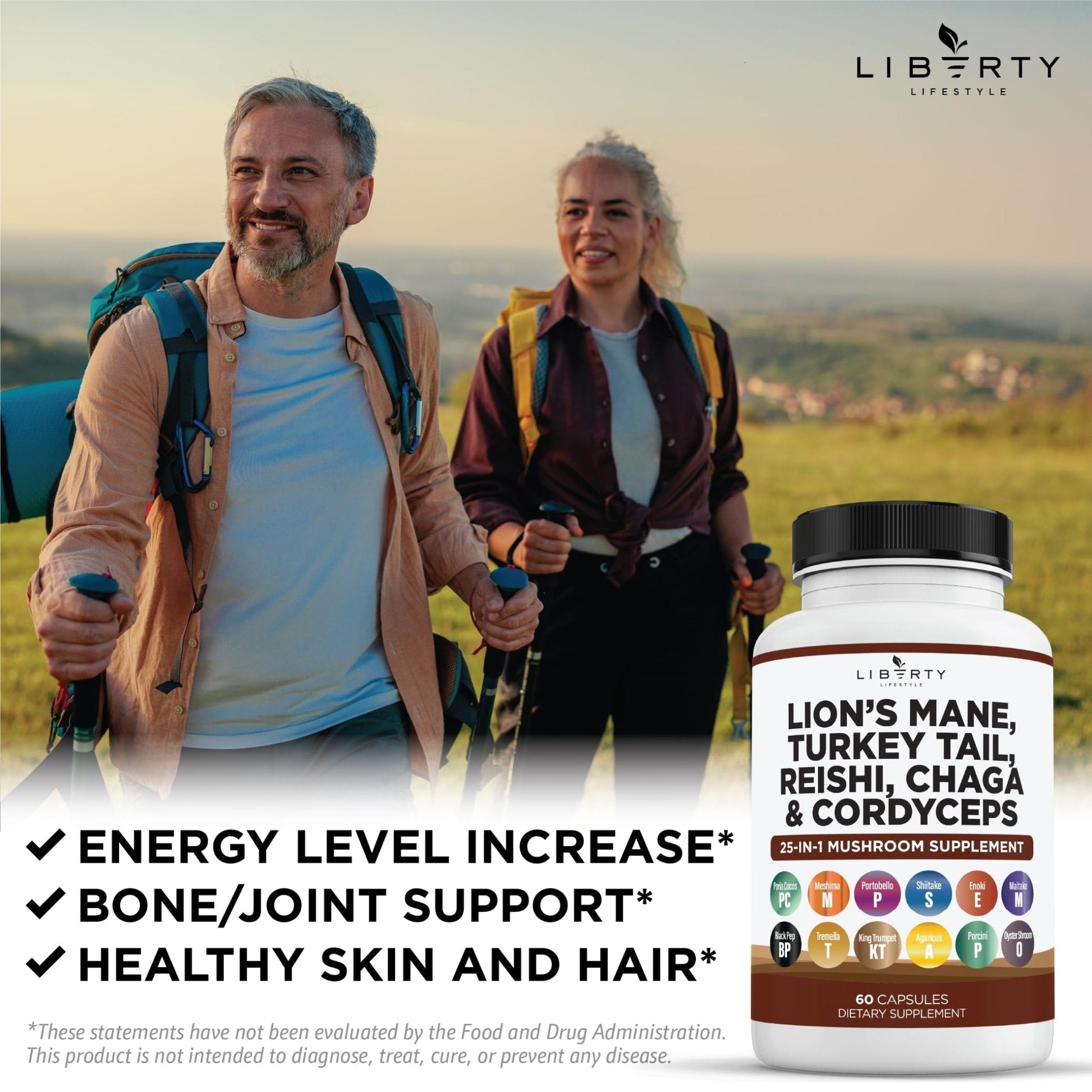 Liberty Lifestyle Lions Mane Mushroom Supplement with Turkey Tail Reishi Cordyceps Chaga with Marshmallow Root - 2-Pack - PrimeBioHealth - canada supplements
