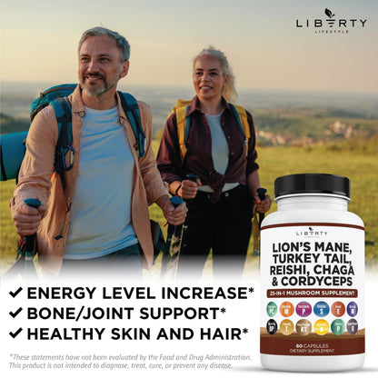Liberty Lifestyle Lions Mane Mushroom Supplement with Turkey Tail Reishi Cordyceps Chaga with Marshmallow Root - 2-Pack - PrimeBioHealth - canada supplements