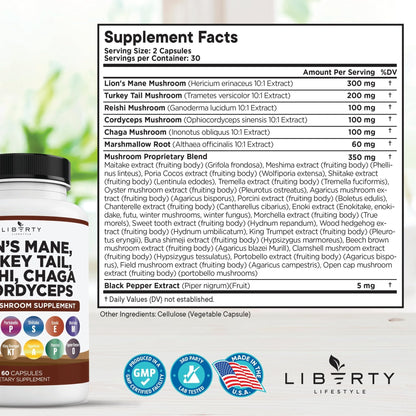 Liberty Lifestyle Lions Mane Mushroom Supplement with Turkey Tail Reishi Cordyceps Chaga with Marshmallow Root - 2-Pack - PrimeBioHealth - canada supplements