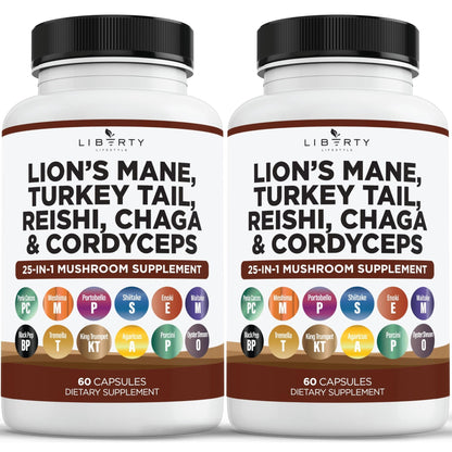 Liberty Lifestyle Lions Mane Mushroom Supplement with Turkey Tail Reishi Cordyceps Chaga with Marshmallow Root - 2-Pack - PrimeBioHealth - canada supplements
