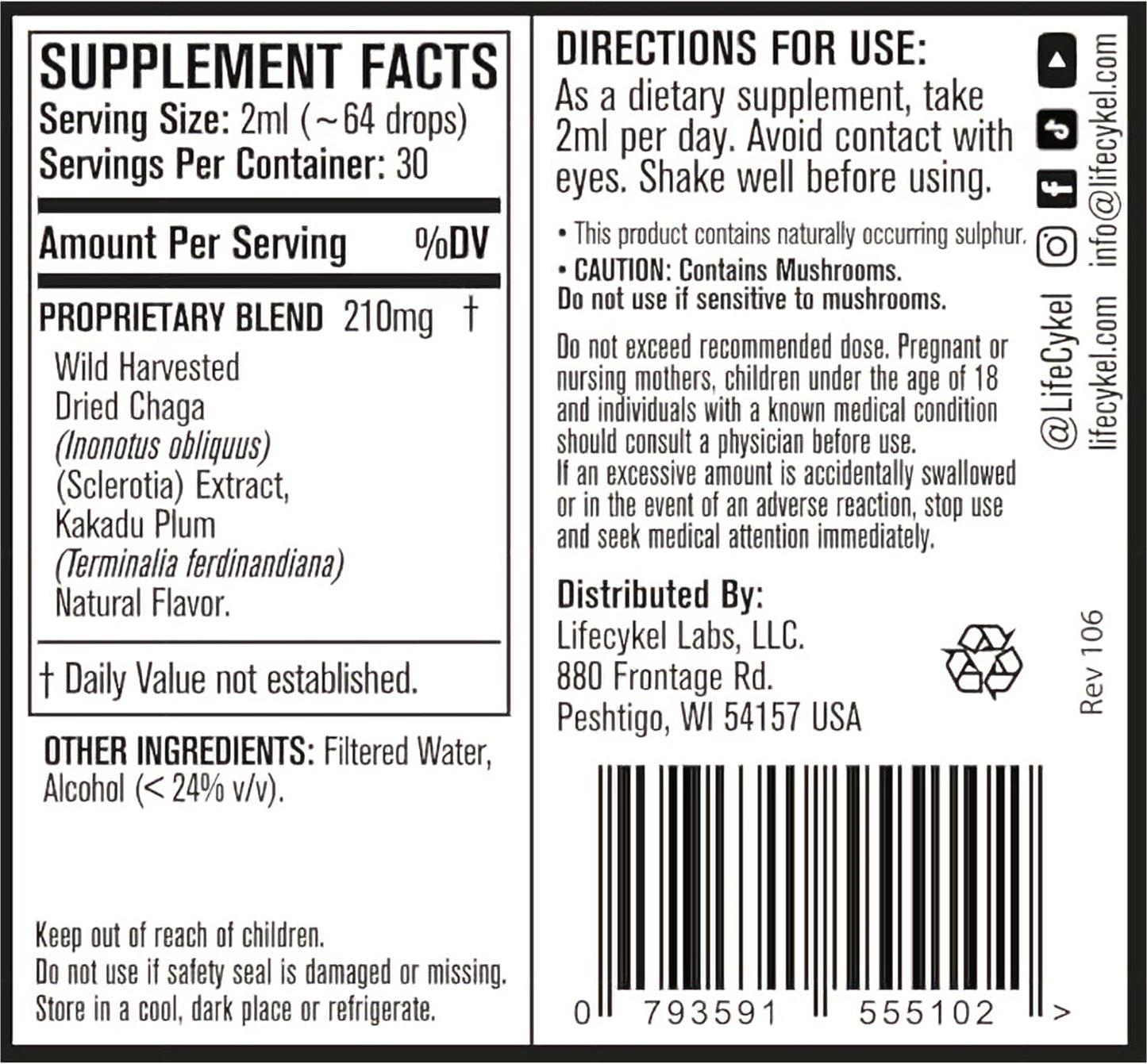 Life Cykel - Chaga Mushroom Extract with Kakadu Plum - Double Extracted Mushroom Tincture - Non-GMO Immune Support Supplement for Adults and Kids - 1 Fl Oz - PrimeBioHealth - canada supplements