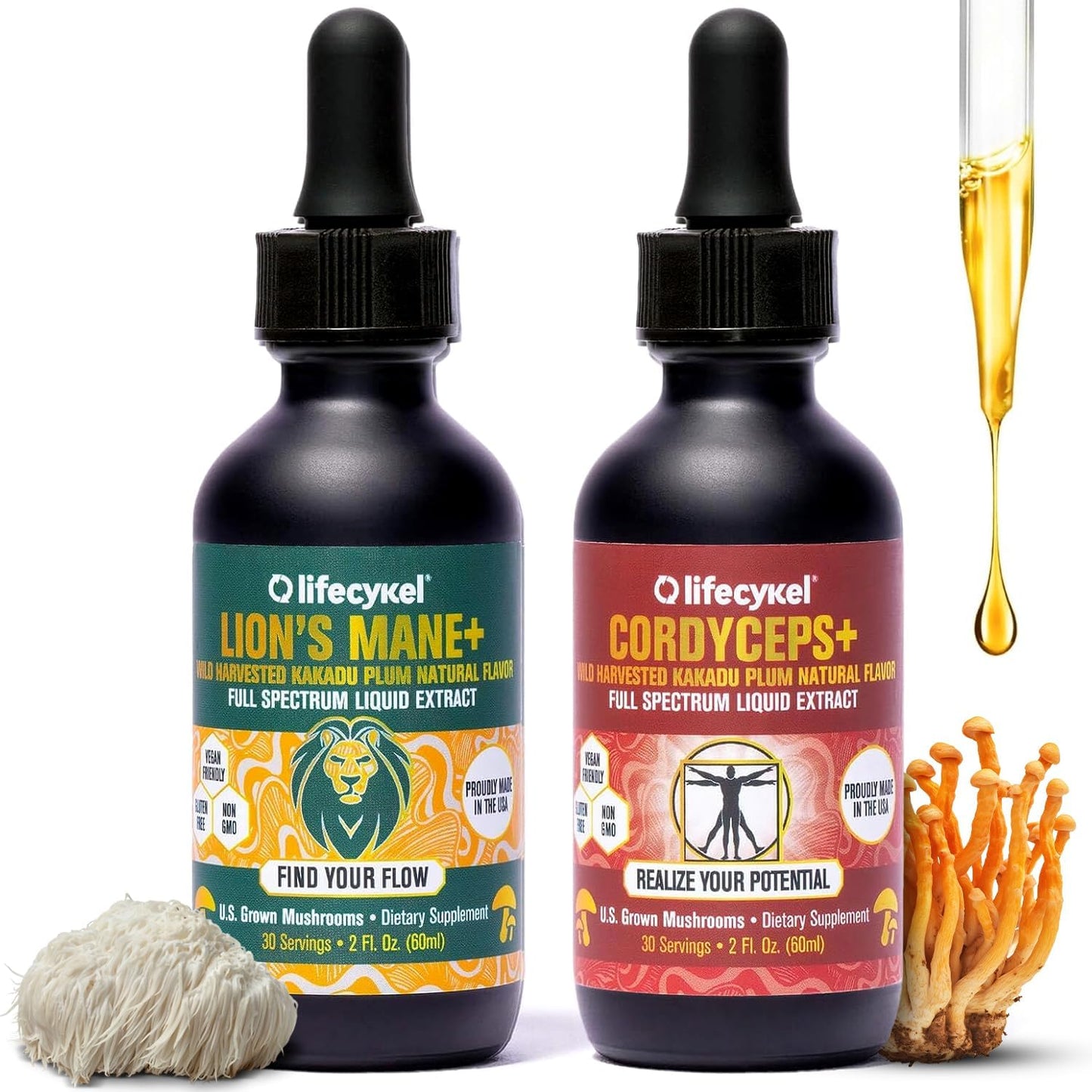 Life Cykel Cordyceps +Lion's Mane Extract Performance Pack - Organic Mushroom Supplement for Energy, Focus & Mental Clarity - USA Made, Pure & Potent Mushroom Liquid Drops for Adults - PrimeBioHealth - canada supplements