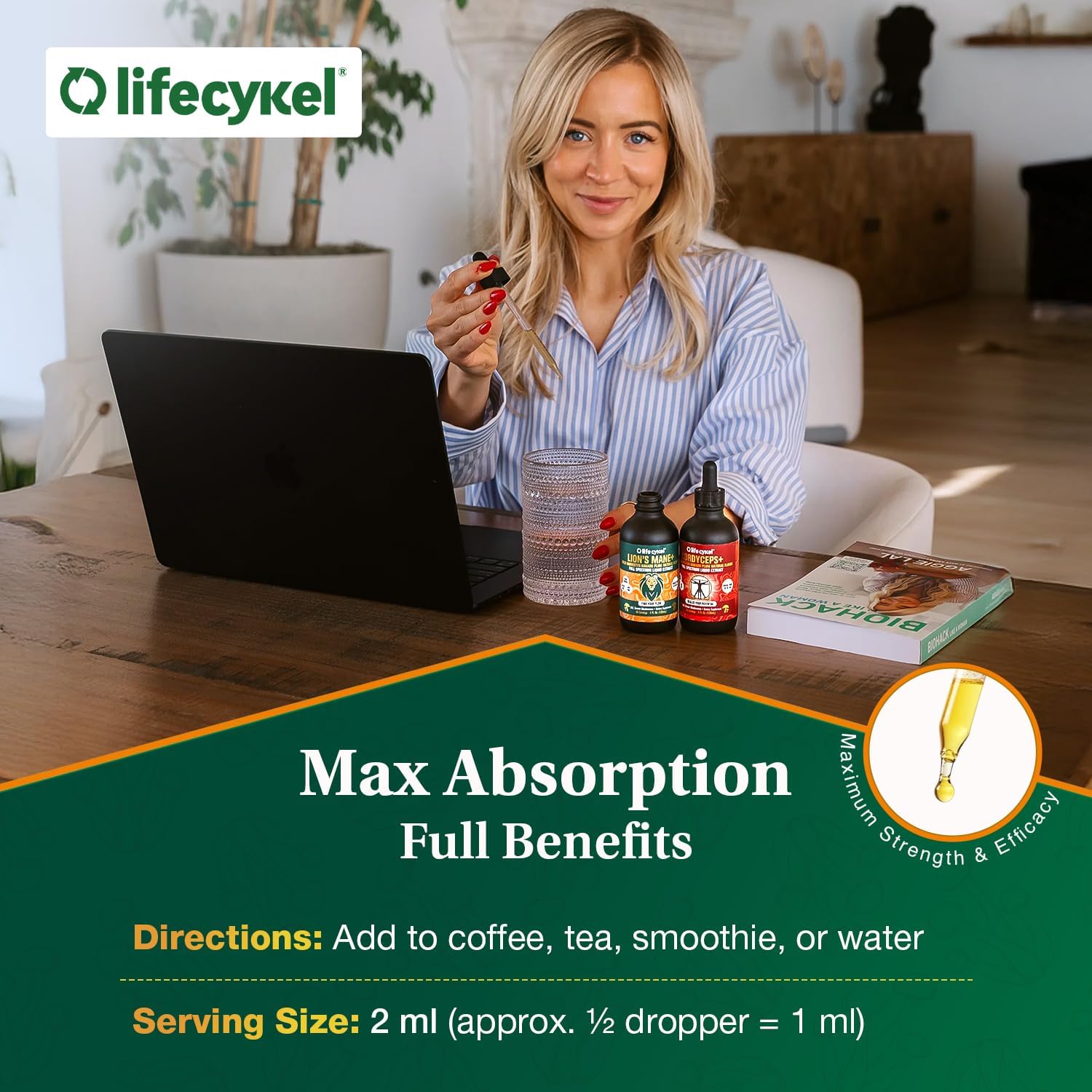 Life Cykel Cordyceps +Lion's Mane Extract Performance Pack - Organic Mushroom Supplement for Energy, Focus & Mental Clarity - USA Made, Pure & Potent Mushroom Liquid Drops for Adults - PrimeBioHealth - canada supplements