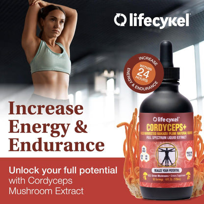 Life Cykel Cordyceps Mushroom Extract with Kakadu Plum - Energy, Stamina & Vitality Support, Natural Aging Supplement - Non-GMO and Vegan Tincture - 4Fl Oz - PrimeBioHealth - canada supplements