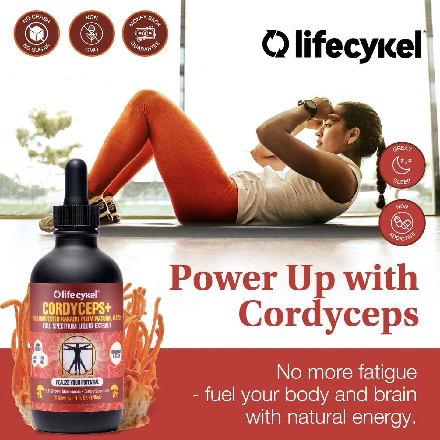 Life Cykel Cordyceps Mushroom Extract with Kakadu Plum - Energy, Stamina & Vitality Support, Natural Aging Supplement - Non-GMO and Vegan Tincture - 4Fl Oz - PrimeBioHealth - canada supplements