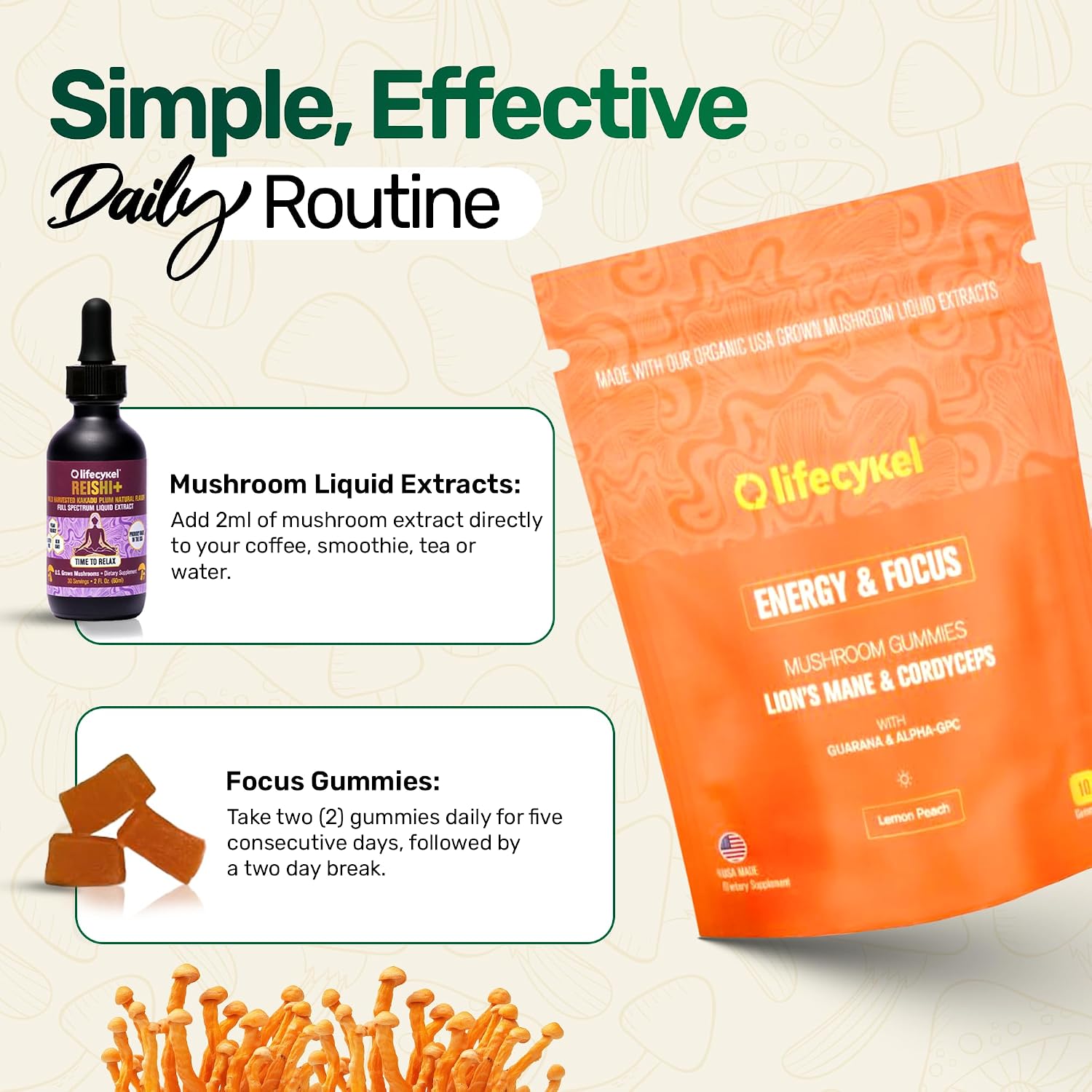 Life Cykel Cordyceps & Reishi Mushroom Extract Liquid Duo – Potent 1oz Tinctures with Included Energy & Focus Gummies (10-Count) for Enhanced Vitality, Immune Support & Mental Clarity - PrimeBioHealth - canada supplements
