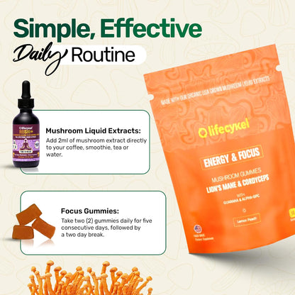 Life Cykel Cordyceps & Reishi Mushroom Extract Liquid Duo – Potent 1oz Tinctures with Included Energy & Focus Gummies (10-Count) for Enhanced Vitality, Immune Support & Mental Clarity - PrimeBioHealth - canada supplements