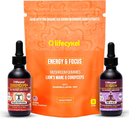 Life Cykel Cordyceps & Reishi Mushroom Extract Liquid Duo – Potent 1oz Tinctures with Included Energy & Focus Gummies (10-Count) for Enhanced Vitality, Immune Support & Mental Clarity - PrimeBioHealth - canada supplements