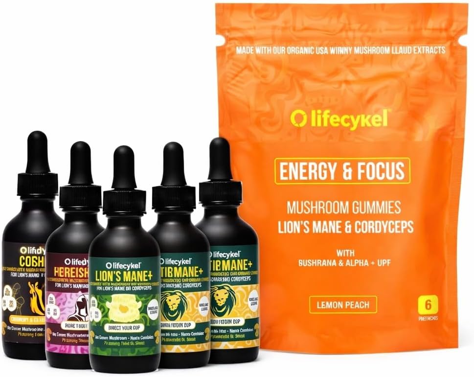 Life Cykel Premium Mushroom Extract Liquid Bundle – Lion’s Mane, Cordyceps, Reishi, Chaga, Turkey Tail & Shiitake (1oz Each) with Included Energy Gummies (10-Count), for Vitality & Mental Clarity - PrimeBioHealth - canada supplements