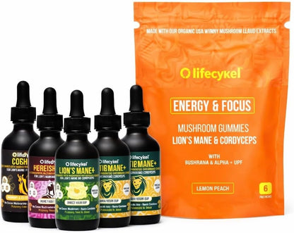 Life Cykel Premium Mushroom Extract Liquid Bundle – Lion’s Mane, Cordyceps, Reishi, Chaga, Turkey Tail & Shiitake (1oz Each) with Included Energy Gummies (10-Count), for Vitality & Mental Clarity - PrimeBioHealth - canada supplements