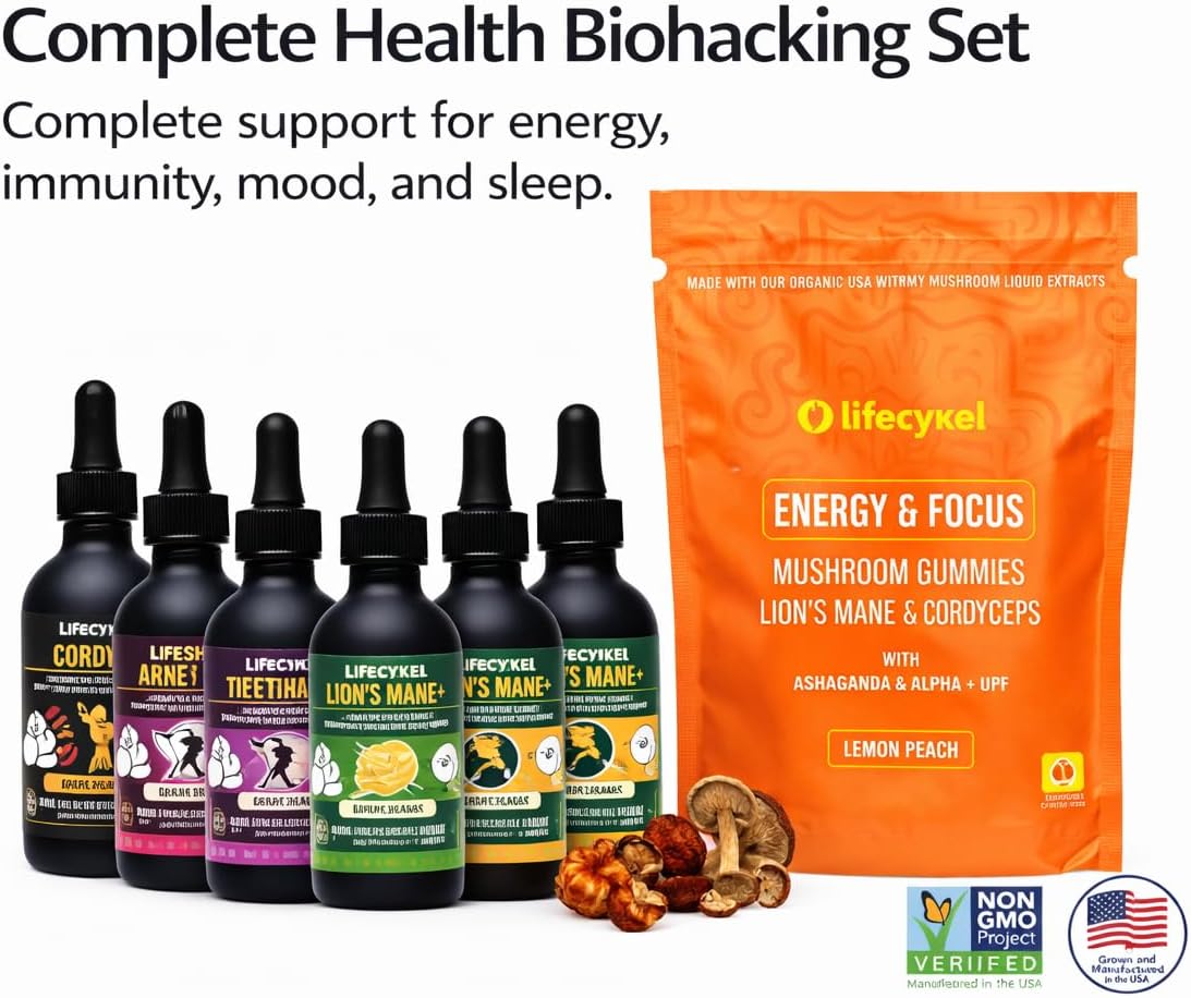 Life Cykel Premium Mushroom Extract Liquid Bundle – Lion’s Mane, Cordyceps, Reishi, Chaga, Turkey Tail & Shiitake (1oz Each) with Included Energy Gummies (10-Count), for Vitality & Mental Clarity - PrimeBioHealth - canada supplements