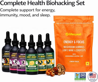 Life Cykel Premium Mushroom Extract Liquid Bundle – Lion’s Mane, Cordyceps, Reishi, Chaga, Turkey Tail & Shiitake (1oz Each) with Included Energy Gummies (10-Count), for Vitality & Mental Clarity - PrimeBioHealth - canada supplements