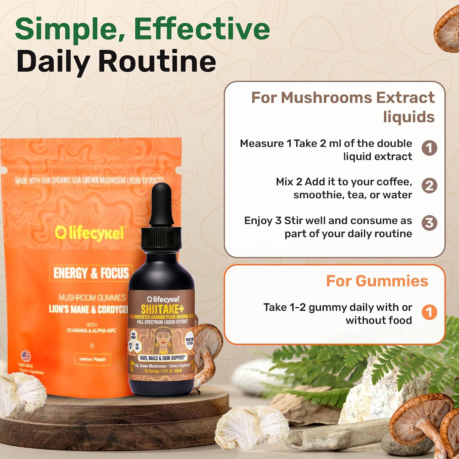 Life Cykel Premium Mushroom Extract Liquid Bundle – Lion’s Mane, Cordyceps, Reishi, Chaga, Turkey Tail & Shiitake (1oz Each) with Included Energy Gummies (10-Count), for Vitality & Mental Clarity - PrimeBioHealth - canada supplements