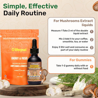 Life Cykel Premium Mushroom Extract Liquid Bundle – Lion’s Mane, Cordyceps, Reishi, Chaga, Turkey Tail & Shiitake (1oz Each) with Included Energy Gummies (10-Count), for Vitality & Mental Clarity - PrimeBioHealth - canada supplements
