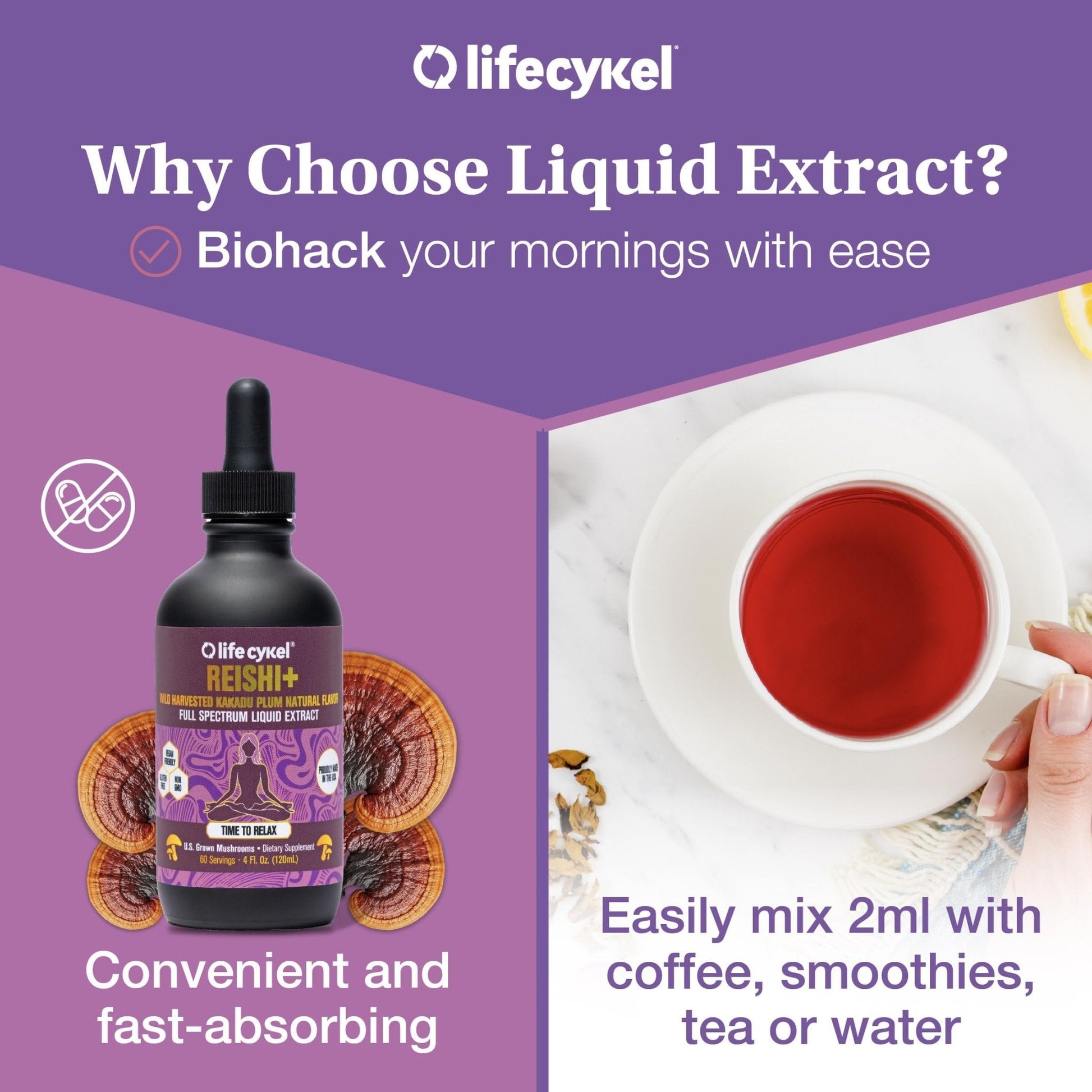 Life Cykel - Reishi Mushroom Extract with Wild Kakadu Plum - Potent Immune & Sleep Support Supplement, Vitamin-C Rich Adaptogen Mushroom Drops - 4 Fl Oz - PrimeBioHealth - canada supplements