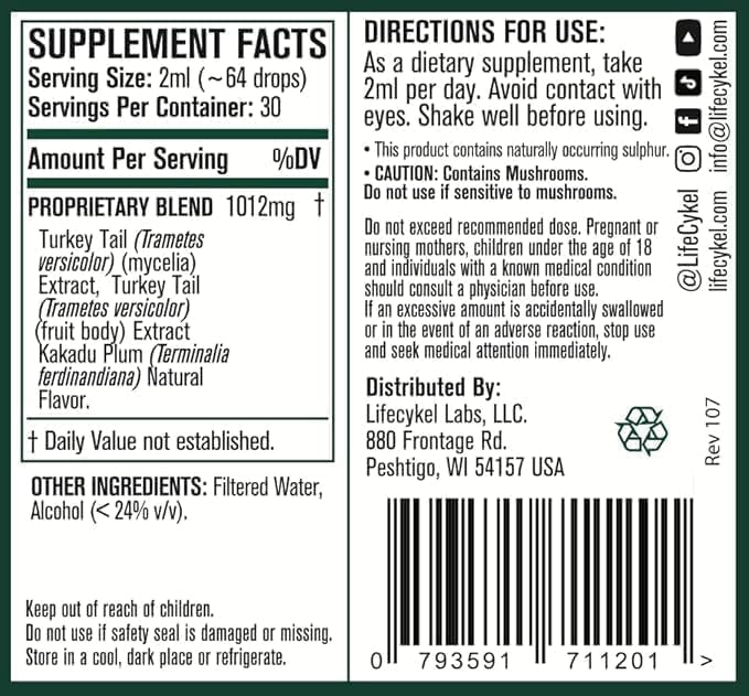 Life Cykel - Turkey Tail Mushroom Liquid Extract with Kakadu Plum - Immune Support & Digestive Health Prebiotic Supplement, Non GMO (4 Fl Oz (Pack of 1)) - PrimeBioHealth - canada supplements