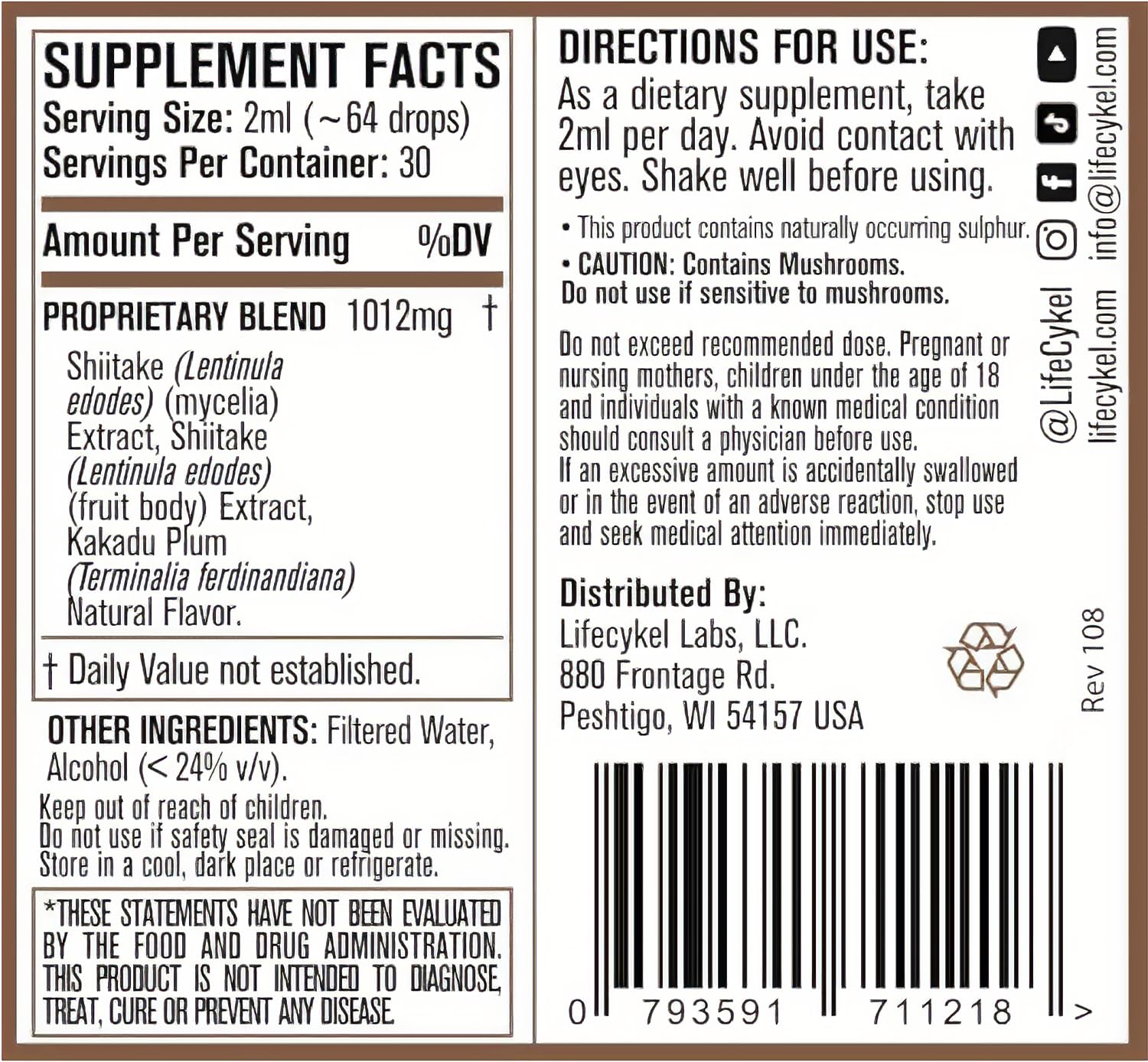 Lifecykel - Shiitake Mushroom Extract with Kakadu Plum- Hair, Skin & Nail Support, Anti Aging Supplement- 100% Organic Mushrooms, Immune Boosting, Vitamin C Made in The US- 2 Fl oz(Packaging May Vary) - PrimeBioHealth - canada supplements