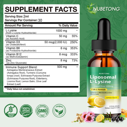Liposomal L-Lysine 1000mg Liquid Drops, 7-in-1 Lysine Supplement for Adults with Vitamin C/B6/D3/B12 & Zinc Gluconate, Immune Support, Collagen Synthesis & Skin Lip Health, Lemon Flavor, 2 Fl Oz - PrimeBioHealth - canada supplements