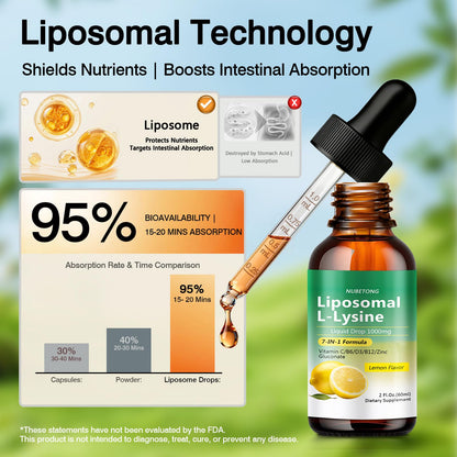 Liposomal L-Lysine 1000mg Liquid Drops, 7-in-1 Lysine Supplement for Adults with Vitamin C/B6/D3/B12 & Zinc Gluconate, Immune Support, Collagen Synthesis & Skin Lip Health, Lemon Flavor, 2 Fl Oz - PrimeBioHealth - canada supplements
