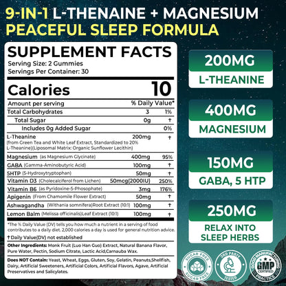 Liposomal L-Theanine 200mg Magnesium Glycinate 400mg Gummies with GABA, 5HTP, Apigenin, Vitamin B6 & D3, Ashwagandha, Lemon Balm Leaf, Melatonin Free Sleep - PrimeBioHealth - canada supplements