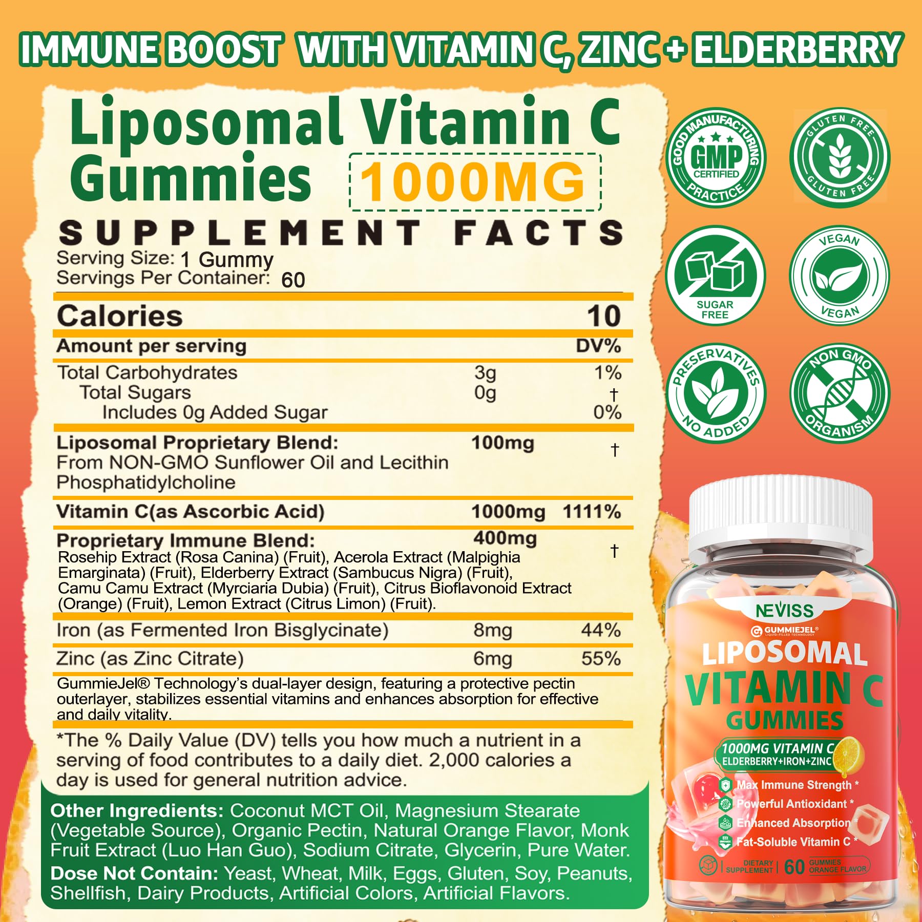 Liposomal Vitamin C 1000mg Gummies for Adults - Vitamin C Chewable with Elderberry, Zinc & 8mg Iron, Sugar Free Vit C Supplements, Daily Immune Support Gummies for Energy, Collagen Booster 60 Counts - PrimeBioHealth - canada supplements