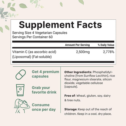 Liposomal Vitamin C 2,500mg, 240 Veggie Capsules | Highly Bioavailable Fat Soluble Form | Immune Support & Antioxidant Supplement | Liposomal Delivery for Superior Absorption | Non-GMO, Gluten Free - PrimeBioHealth - canada supplements