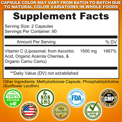 Liposomal Vitamin C Capsules - 1500mg - Made with Organic Acerola Cherries & Camu Camu, High Potency Vitamin C Liposomal - Immune Support Supplement - PrimeBioHealth - canada supplements