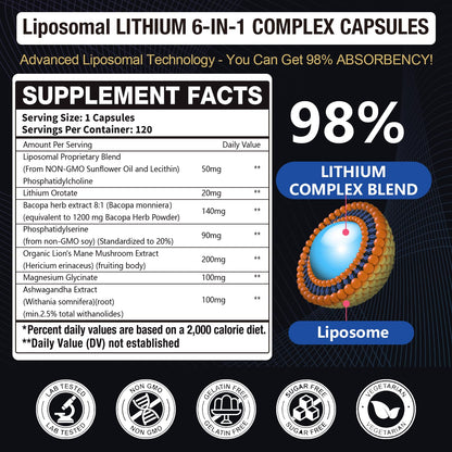 Lisopomal Lithium Orotate Complex Capsules, Lithium Orotate 20 mg, Magnesium Glycinate & Ashwagandha, Brain Health Supplements for Cognitive, Mood & Memory - PrimeBioHealth - canada supplements
