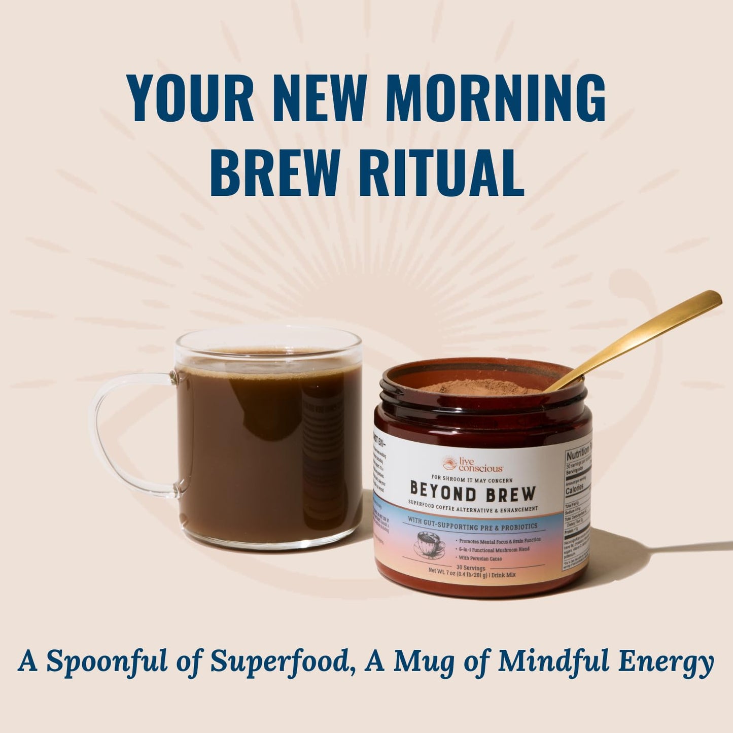 Live Conscious Beyond Brew - Coffee Alternative - Low Caffeine - Mushroom Complex w/Lion’s Mane, Reishi, Cordyceps & Chaga for Sustained Focus, Energy & Immunity - w/Prebiotics & Probiotics - 30 - PrimeBioHealth - canada supplements