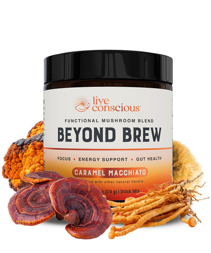 Live Conscious Beyond Brew - Coffee Alternative - Low Caffeine - Mushroom Complex w/Lion’s Mane, Reishi, Cordyceps & Chaga for Sustained Focus, Energy & Immunity - w/Prebiotics & Probiotics - 30 - PrimeBioHealth - canada supplements