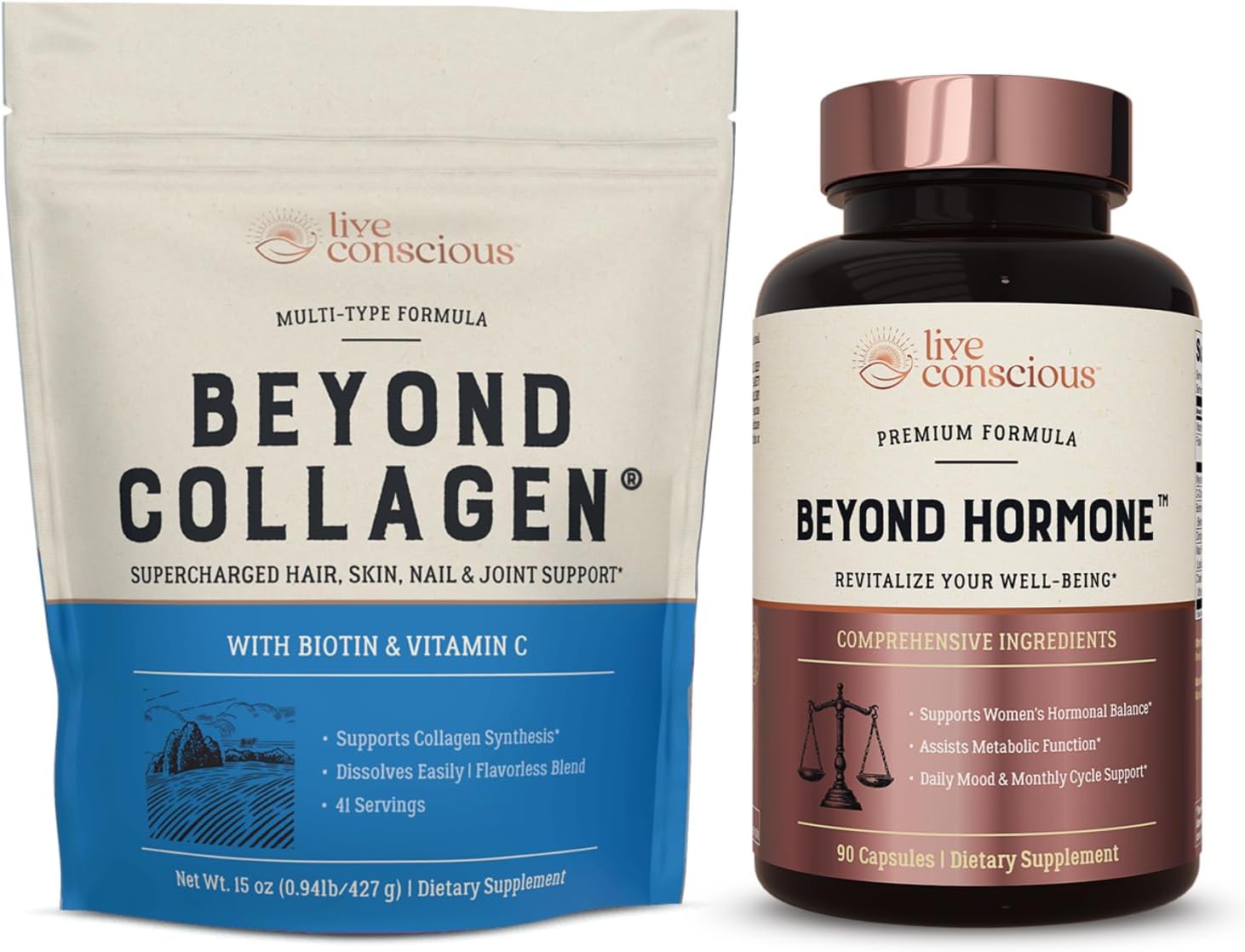Live Conscious Beyond Collagen Powder & Beyond Hormone | Hair, Skin, Nail, and Joint Support + Promotes Healthy Estrogen Balance for Women - PrimeBioHealth - canada supplements