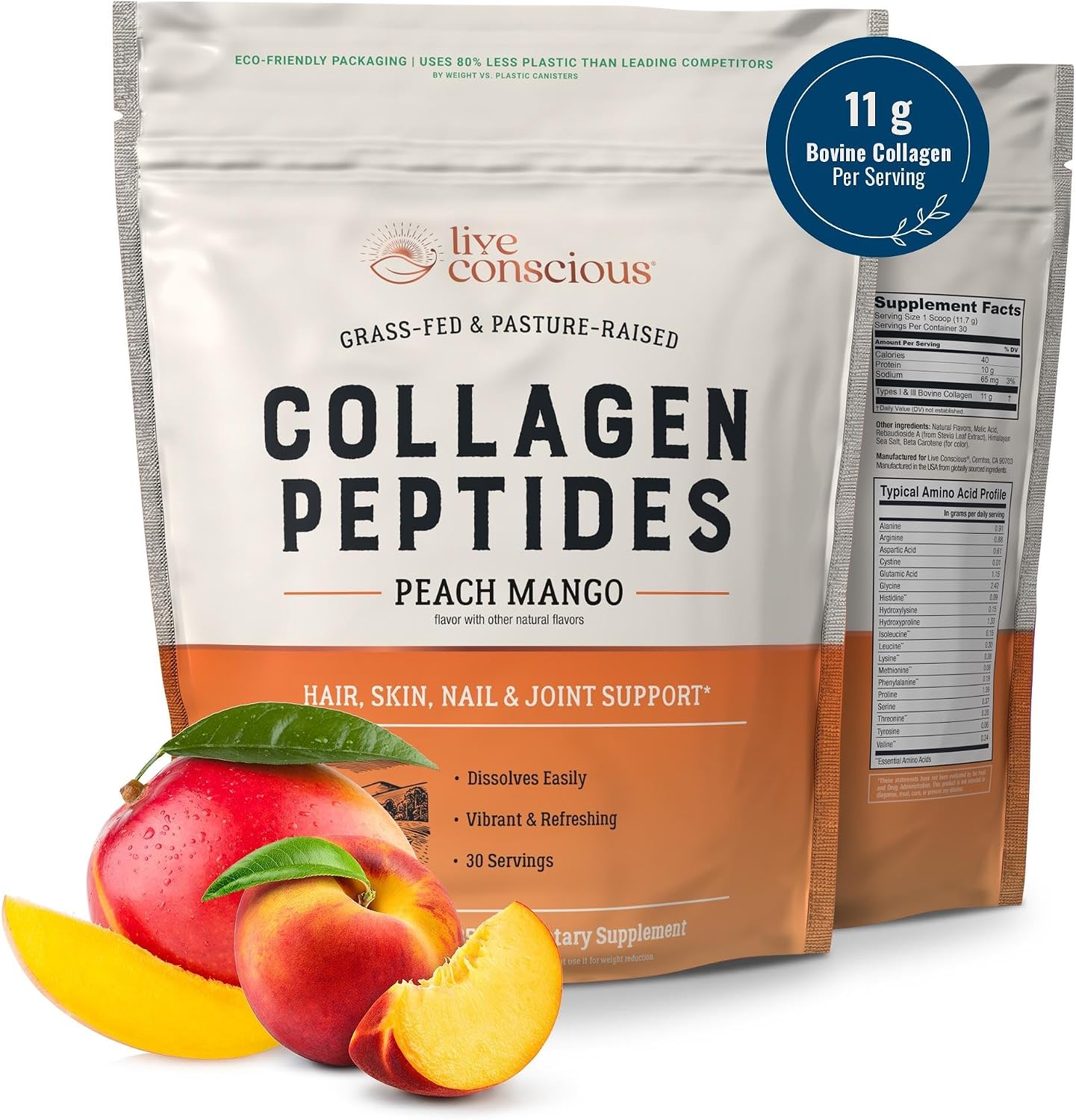 Live Conscious Beyond Greens & Collagen Peptides Peach Mango| Mushroom Coffee Alternative Low Caffeine + Hair, Skin, Nail, and Joint Support - PrimeBioHealth - canada supplements
