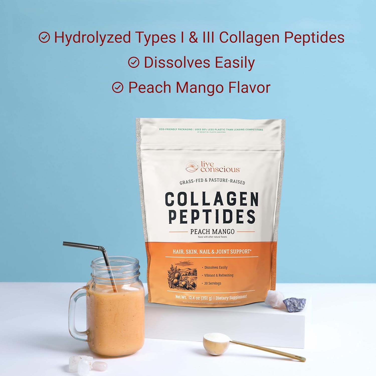 Live Conscious Beyond Greens & Collagen Peptides Peach Mango| Mushroom Coffee Alternative Low Caffeine + Hair, Skin, Nail, and Joint Support - PrimeBioHealth - canada supplements