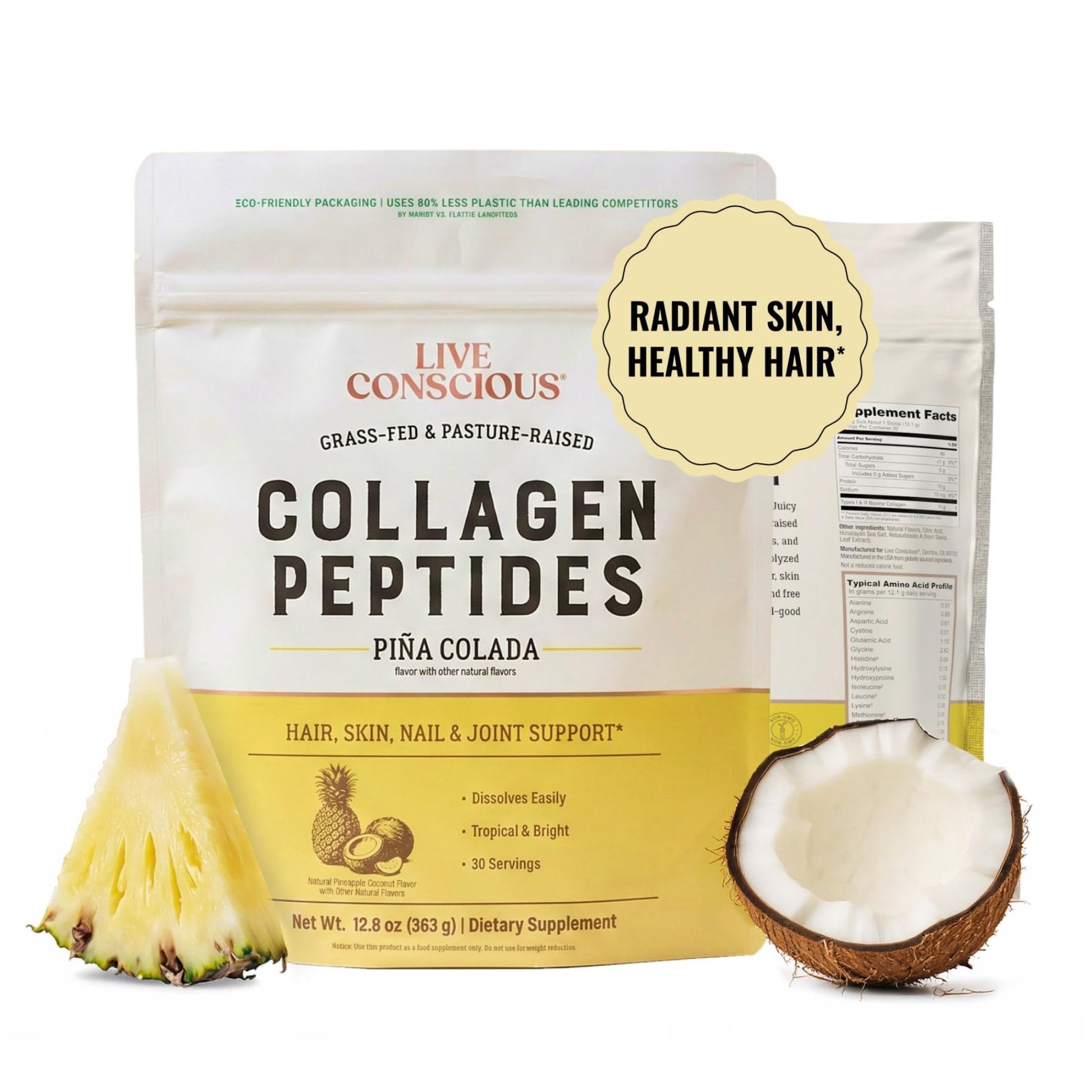 Live Conscious Collagen Peptides Powder - Naturally-Sourced Hydrolyzed Collagen Powder - Hair, Skin, Nail, and Joint Support - Type I & III Grass-Fed Collagen Supplements for Women and Men - 16oz - PrimeBioHealth - canada supplements