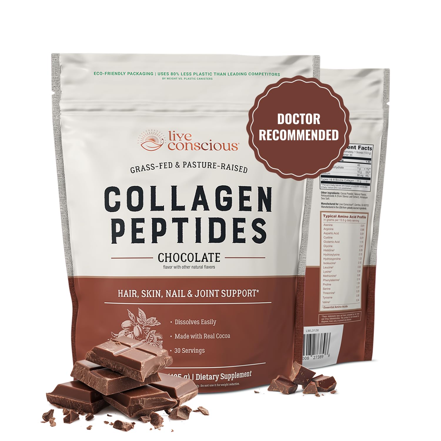 Live Conscious Collagen Peptides Powder - Naturally-Sourced Hydrolyzed Collagen Powder - Hair, Skin, Nail, and Joint Support - Type I & III Grass-Fed Collagen Supplements for Women and Men - 16oz - PrimeBioHealth - canada supplements
