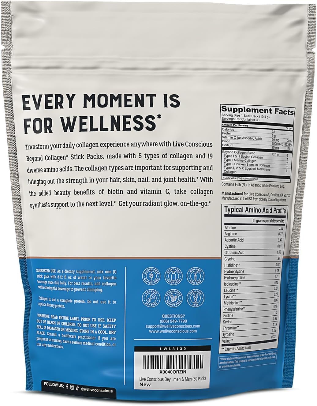 Live Conscious Collagen Peptides Powder - Naturally-Sourced Hydrolyzed Collagen Powder - Hair, Skin, Nail, and Joint Support - Type I & III Grass-Fed Collagen Supplements for Women and Men - 16oz - PrimeBioHealth - canada supplements