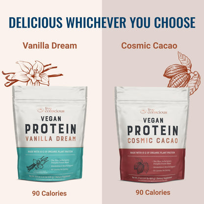 Live Conscious Cosmic Cacao - Organic Vegan Protein Powder, Chocolate Flavor, Plant-Based Blend - Pea Protein, Brown Rice, Pumpkin, Sacha Inchi - 20 Servings, 17 oz - PrimeBioHealth - canada supplements