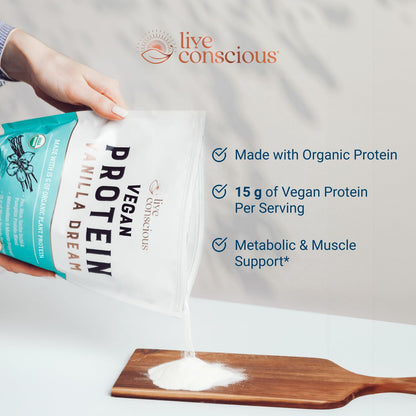 Live Conscious Cosmic Cacao - Organic Vegan Protein Powder, Chocolate Flavor, Plant-Based Blend - Pea Protein, Brown Rice, Pumpkin, Sacha Inchi - 20 Servings, 17 oz - PrimeBioHealth - canada supplements