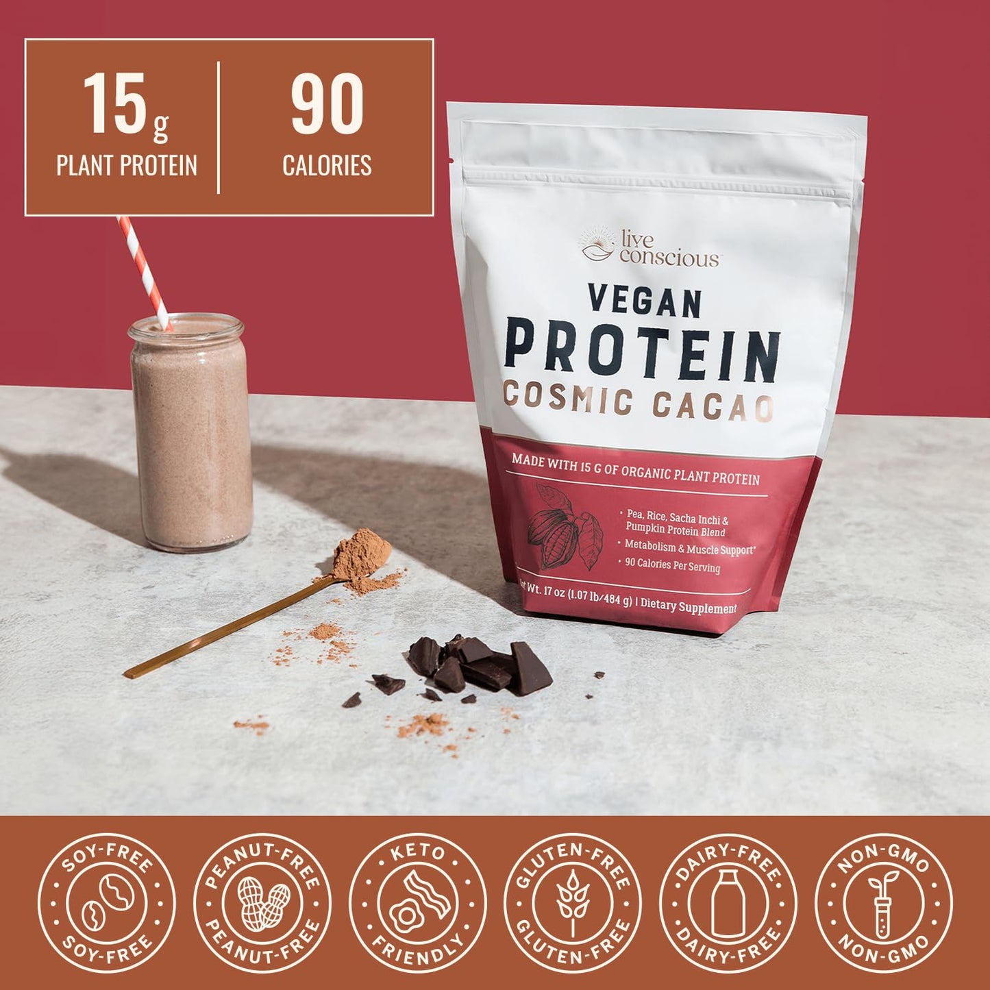 Live Conscious Cosmic Cacao - Organic Vegan Protein Powder, Chocolate Flavor, Plant-Based Blend - Pea Protein, Brown Rice, Pumpkin, Sacha Inchi - 20 Servings, 17 oz - PrimeBioHealth - canada supplements