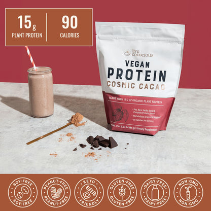 Live Conscious Cosmic Cacao - Organic Vegan Protein Powder, Chocolate Flavor, Plant-Based Blend - Pea Protein, Brown Rice, Pumpkin, Sacha Inchi - 20 Servings, 17 oz - PrimeBioHealth - canada supplements