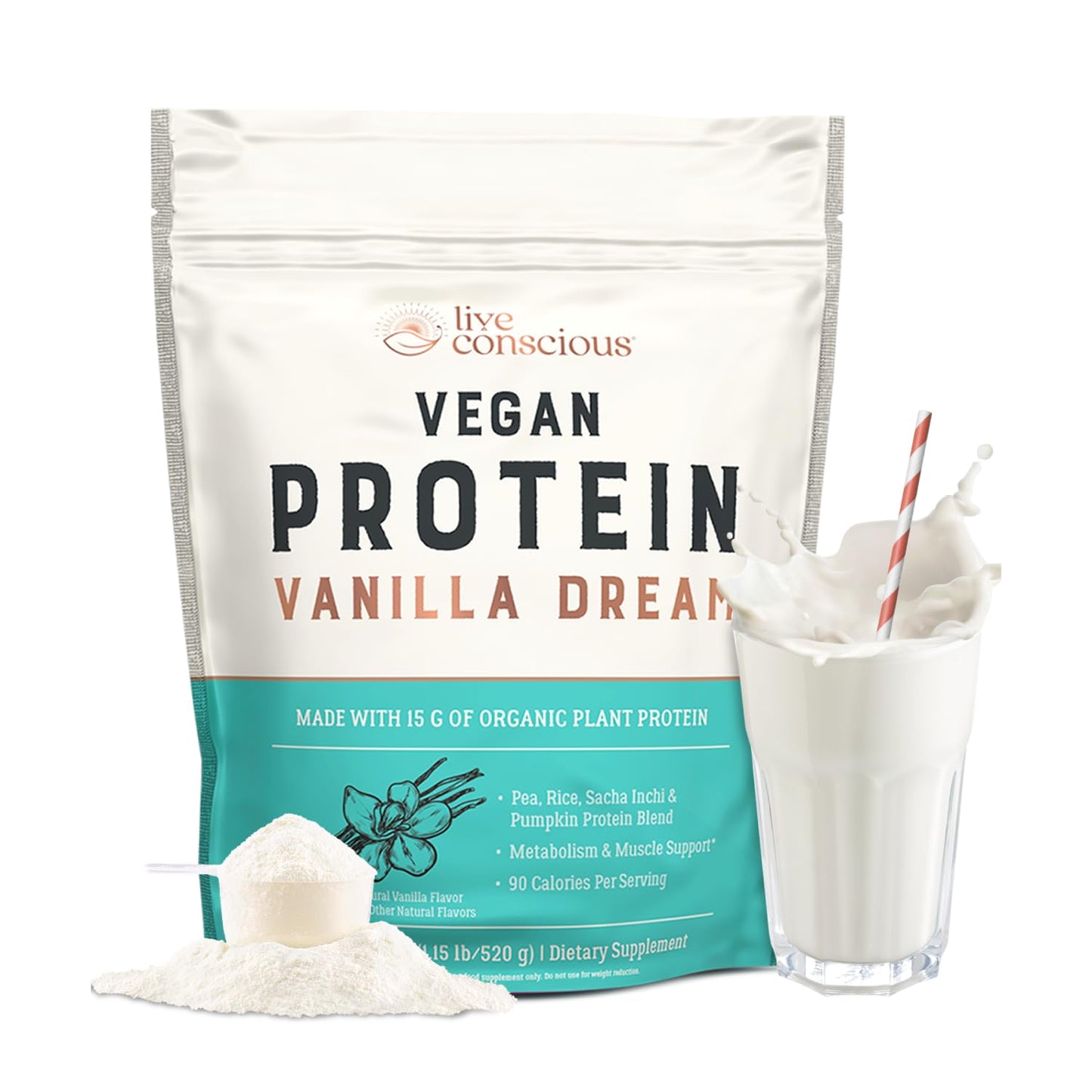 Live Conscious Cosmic Cacao - Organic Vegan Protein Powder, Chocolate Flavor, Plant-Based Blend - Pea Protein, Brown Rice, Pumpkin, Sacha Inchi - 20 Servings, 17 oz - PrimeBioHealth - canada supplements