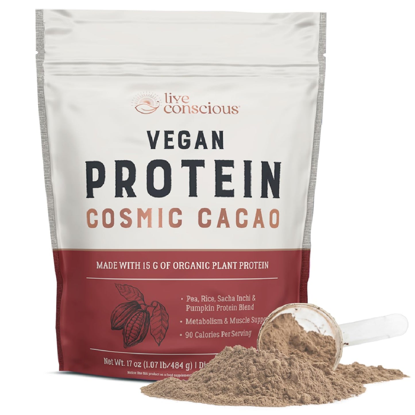Live Conscious Cosmic Cacao - Organic Vegan Protein Powder, Chocolate Flavor, Plant-Based Blend - Pea Protein, Brown Rice, Pumpkin, Sacha Inchi - 20 Servings, 17 oz - PrimeBioHealth - canada supplements